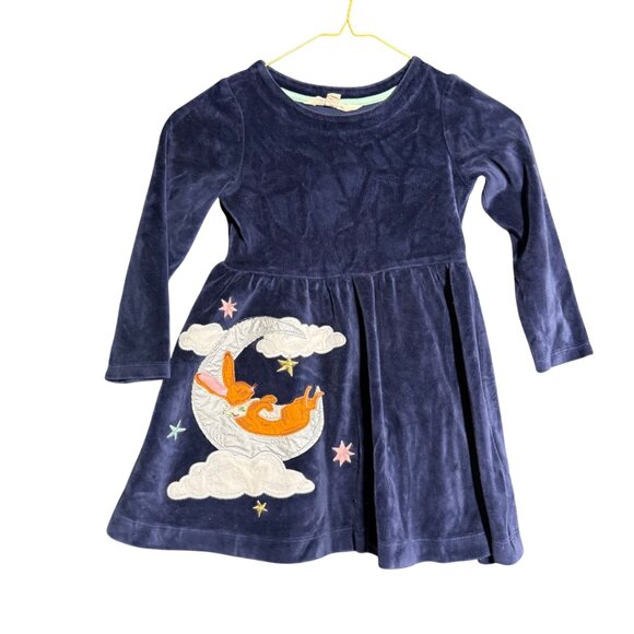 Mini Boden Velour Rabbit Moon Long Sleeves Dress Kids Girls Size 4-5 Year Blue - Picture 1 of 10